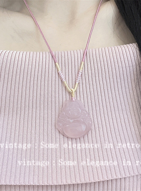 新中式粉色玉髓佛公观音编绳项链女国潮个性玉石水晶锁骨链旗袍坠