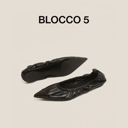 BLOCCO5女鞋春季优雅浅口平底单鞋尖头褶皱软皮一脚蹬