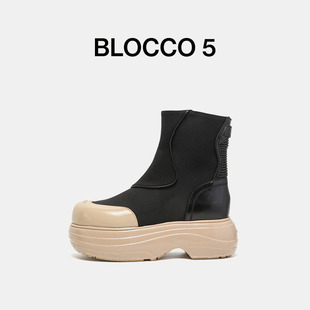 BLOCCO5女鞋春季机车靴时尚休闲拼接户外增高厚底泡芙女靴