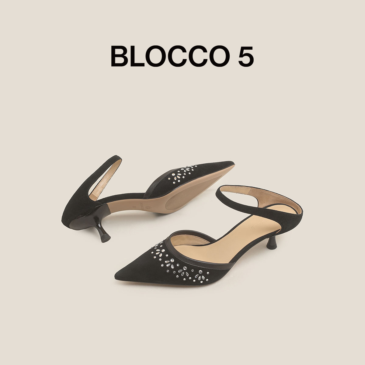 BLOCCO5女鞋25年秋冬新品一字带浅口单鞋细高跟鞋晶饰舒适小猫跟