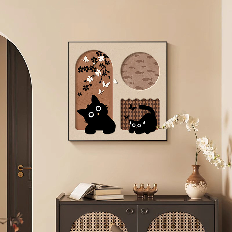 中古风猫咪餐厅装饰画卡通客厅桌面酒斗柜台摆件挂画卧室床头壁画