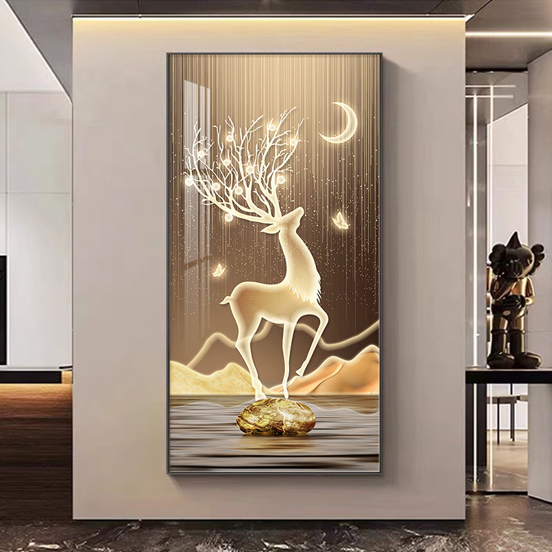 入户玄关装饰画发财鹿走廊过道布置入户正对门挂画一进门的墙壁画