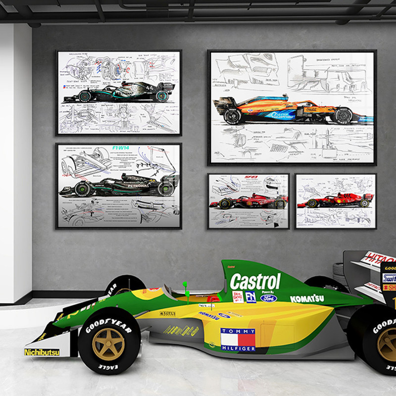 F1方程式赛车装饰画汽车俱乐部挂画机械结构分解图汽修洗车店壁画