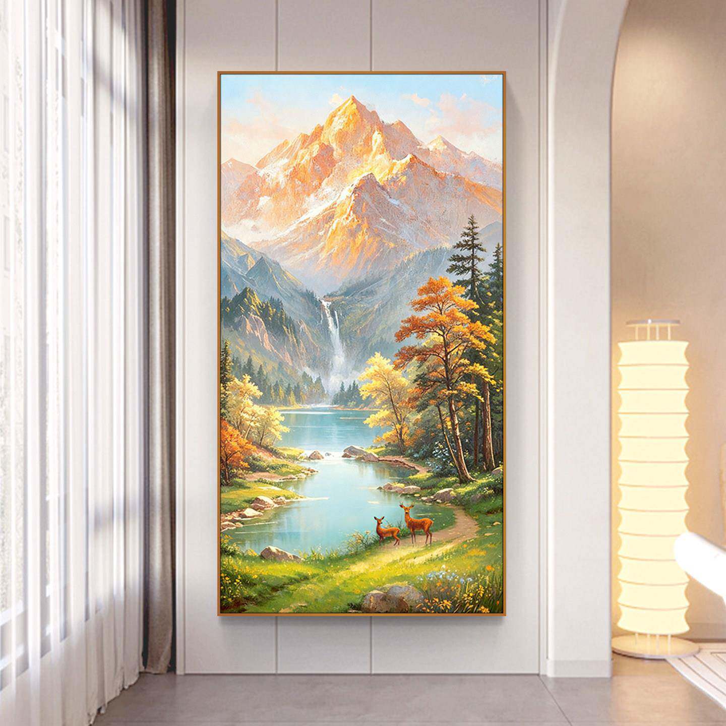 欧式油画田园风山川瀑布风景画玄关装饰画金山聚宝盆壁画立体感强