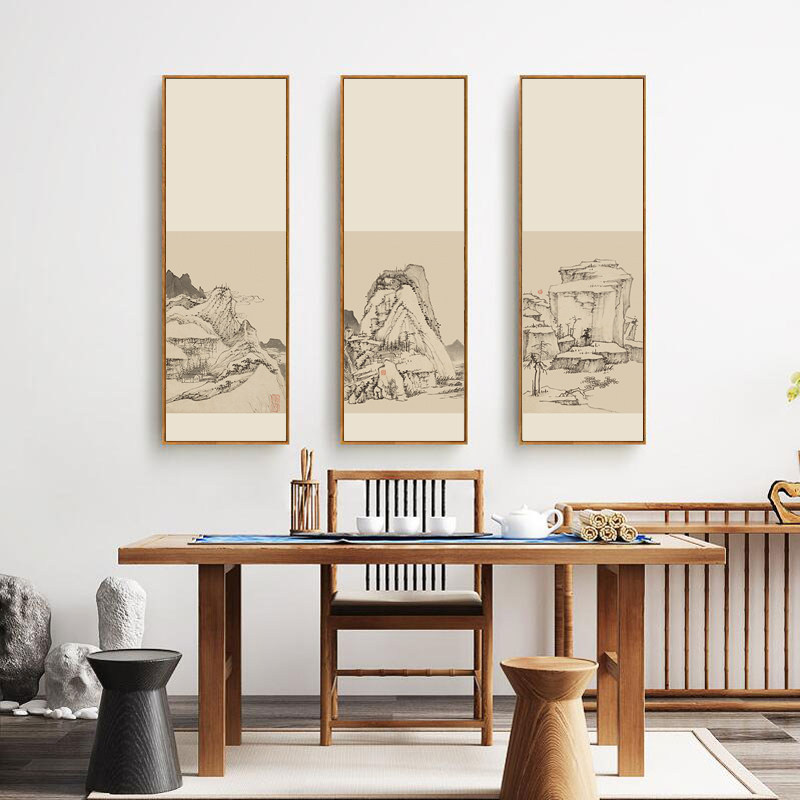 新中式装饰画客厅沙发背景墙禅意挂画山水画茶室玄关餐厅四联壁画