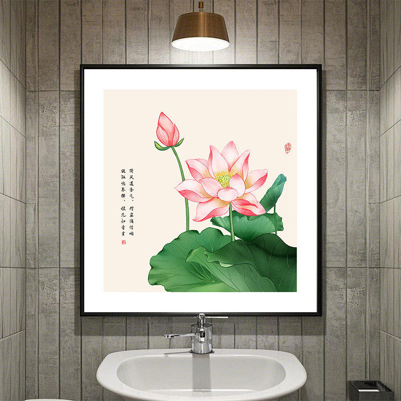 卫生间挂画荷花图正方形装饰画新现代装饰画