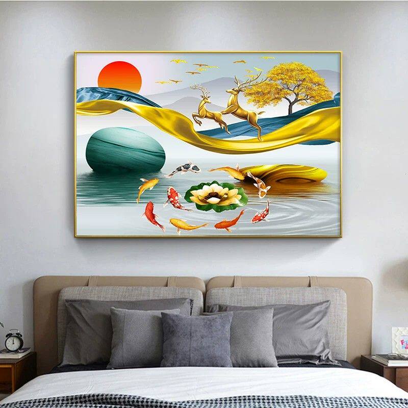 卧室床头装饰画主卧房间墙面九鱼图聚财挂画现代客厅餐厅招财壁画
