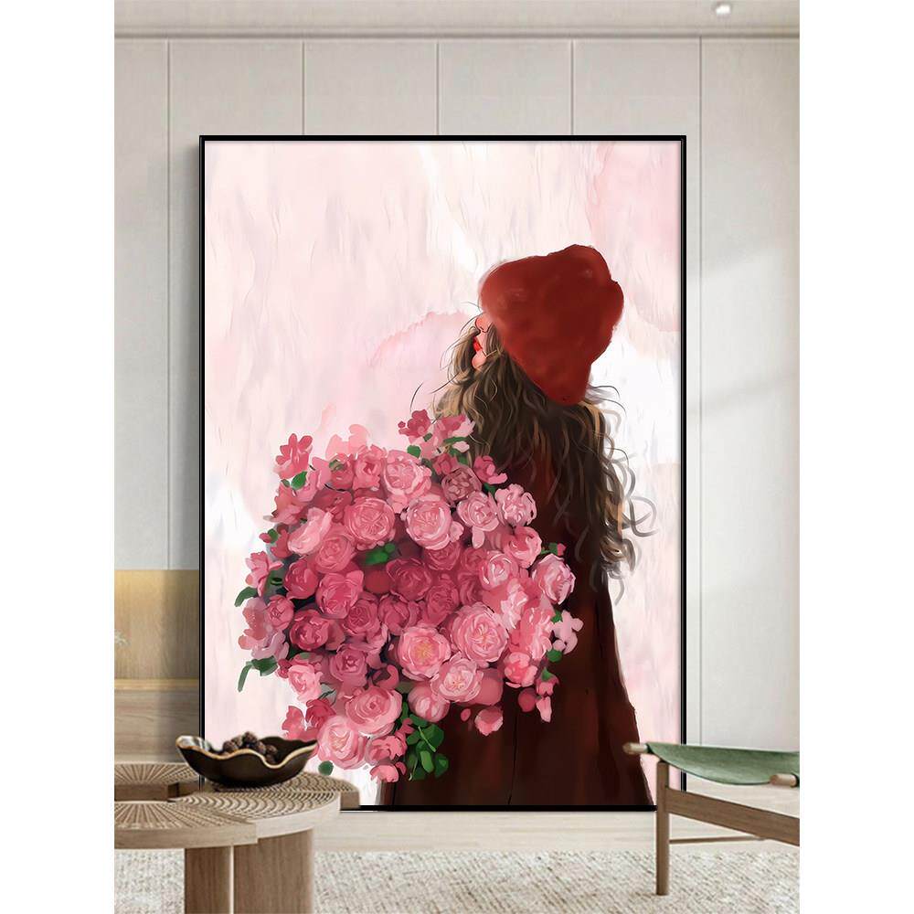 浪漫花季少女客厅装饰画女孩房间卧室治愈系手绘油画玄关法式挂画