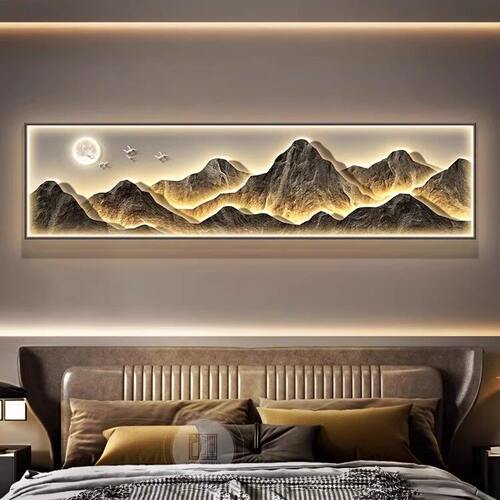 现代轻奢卧室装饰画背有靠山床头挂画山水画主卧房间LED带灯壁画