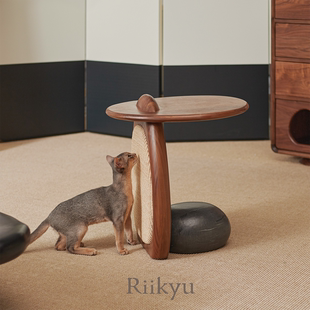 Riikyu卵石猫抓板边桌采用黑胡桃木可拆卸猫抓板猫咪专用
