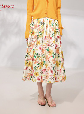 原野空间GRASS SPACE碎花裙女春橙色花朵显瘦高腰百搭长款半身裙