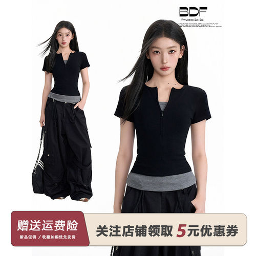 黑色假两件正肩短袖t恤女