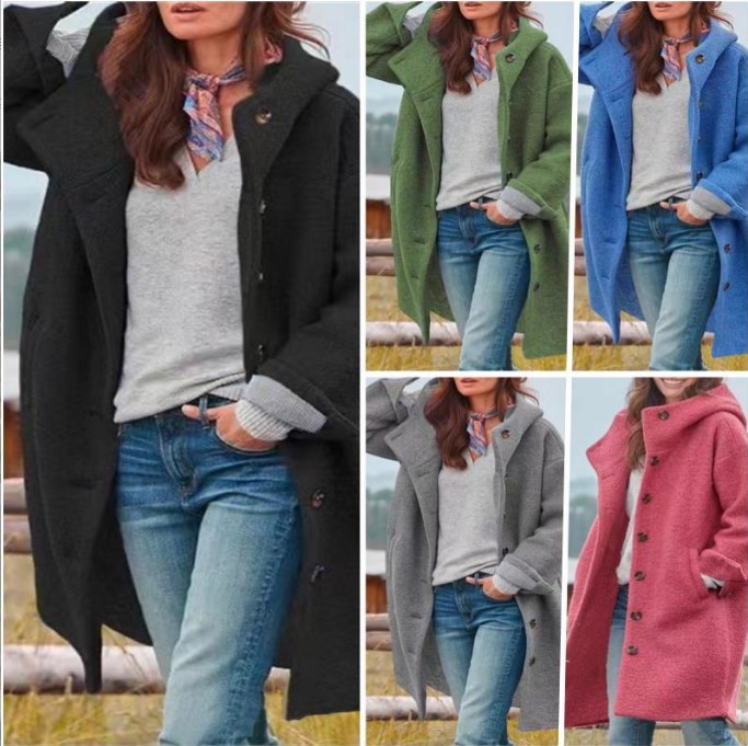 Women long sleeved hooded woolen coat女长袖翻领连帽毛呢大衣