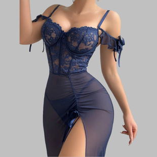 lingerie nightgown lace long dress女网纱开叉长睡裙 slit Sexy