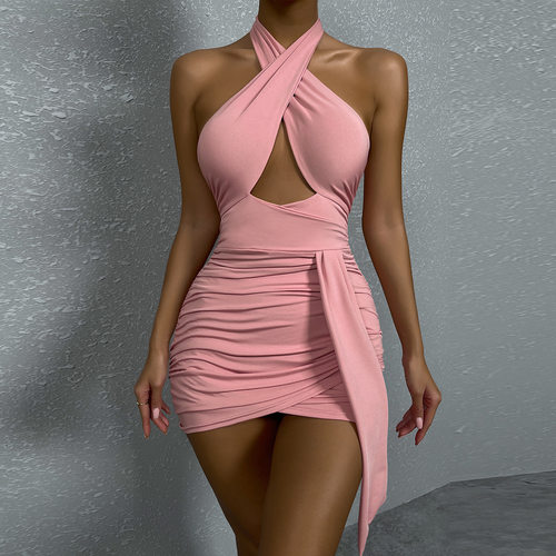Summer hip wrap dress sexy cross neck halter dress