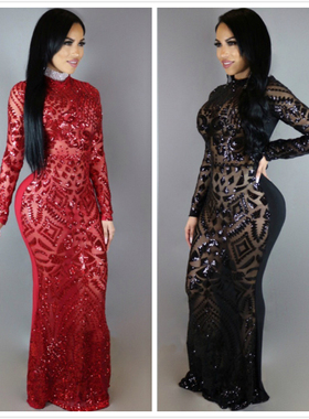 WOMEN long dresses for party red black Long sleeved sequins