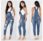 women jumpsuit braces fashion ripped jeans pants背带裤
