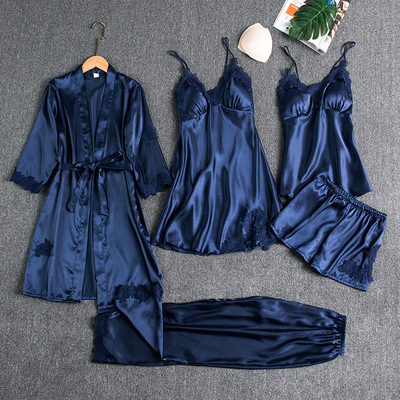 Women Ice Silk Sexy Pajama Bathrobe Five Piece Set家居服套装