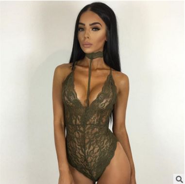欧洲站春季女装新款性感超薄塑身情趣蕾丝挂脖女士连体衣打底百搭