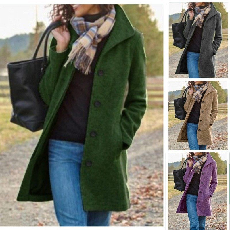 Women retro medium long woolen jacket女中长纯色毛呢外套大衣