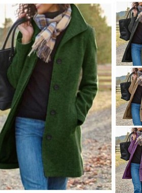 Women retro medium long woolen jacket女中长纯色毛呢外套大衣
