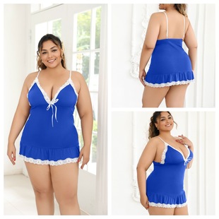 4XL Large Sexy Underwear Hanging Lace Ribbon Sleeping Skirt