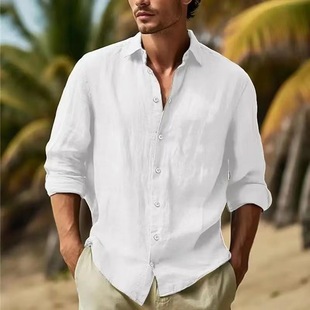 Men's beach linen shirt男士亚麻衬衫纽扣衬衫夏季沙滩衬衫纯色