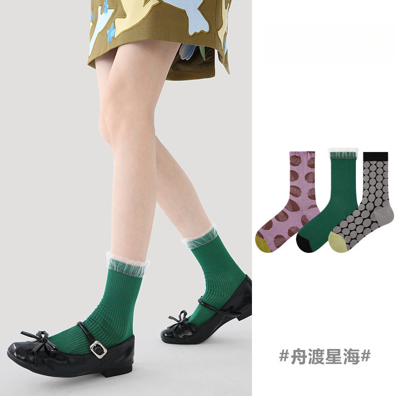 贞美家春夏季新款简约花边中筒袜