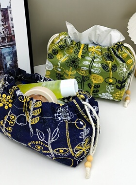 手作纸巾盒抽绳收纳袋纸巾套棉麻化妆包法式中古风车载抽纸收纳