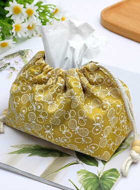 两用纸巾盒抽绳收纳袋纸巾套棉麻化妆包法式中古风车载抽纸收纳