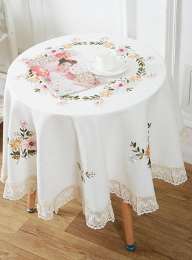 茶几圆桌布餐桌布布艺圆形家用欧式棉麻小清新田园现代简约丝带绣