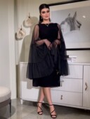 礼服女春夏外贸性感网纱泡泡袖 连衣裙XXL长袖 包臀舞会气质中长裙