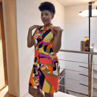 欧美女装性感印花无袖绑带小V领背心款连衣裙3XL跨境气质通勤短裙