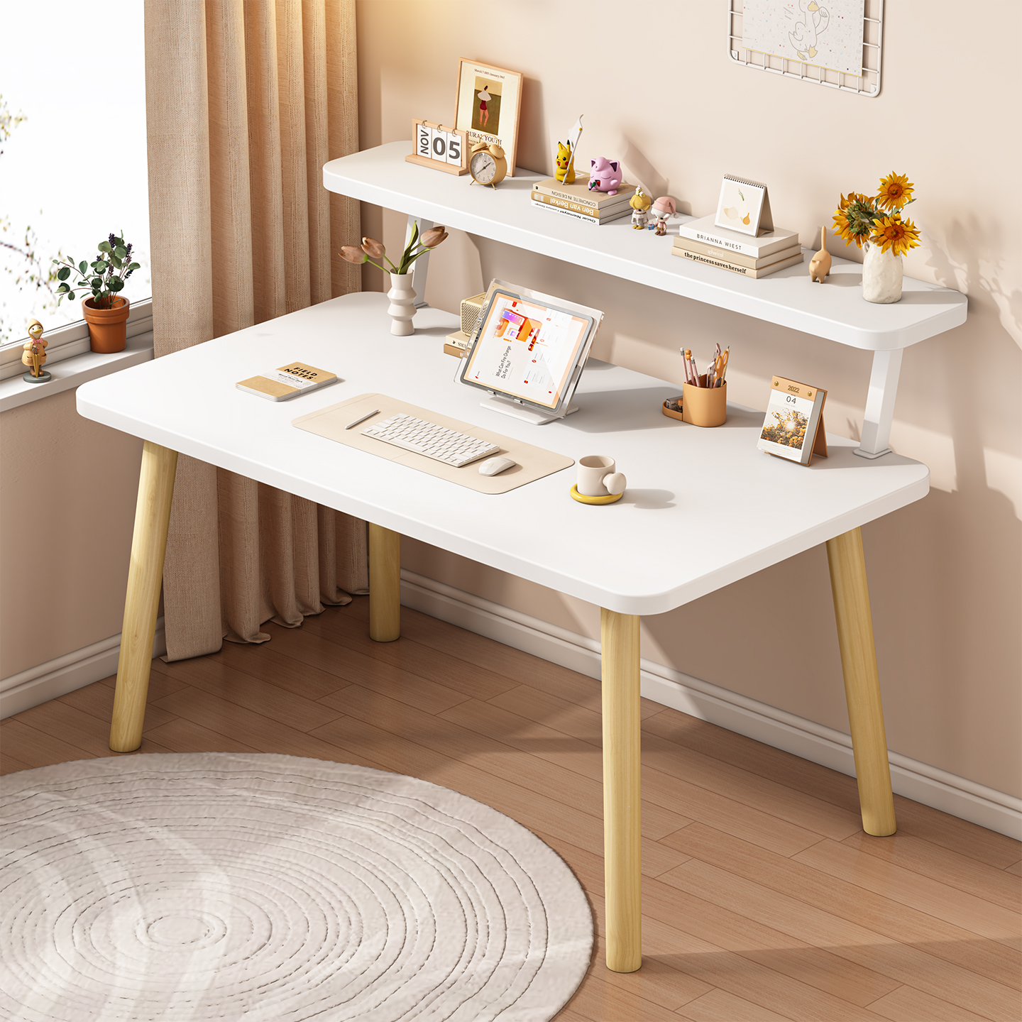 实木电脑桌卧室书桌书架一体学生家用写字桌简易办公小桌子工作台