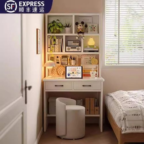 床边桌卧室家用实木梳妆台化妆桌书桌书架一体床头柜床边床尾桌子