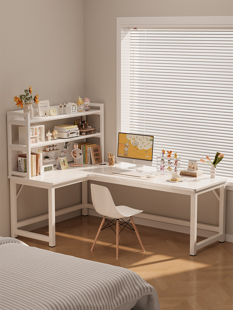 白色书桌书架一体桌电脑桌学生写字桌卧室办公桌L型书桌转角桌子
