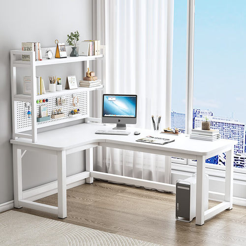 卧室拐角式双人书桌书架组合