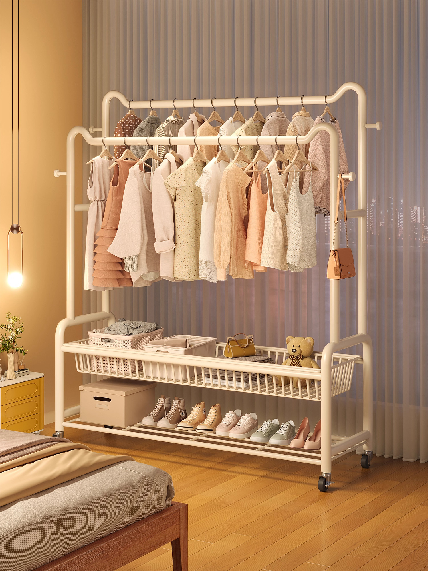 挂衣架卧室落地家用房间室内双杆晾晒衣服架子可移动多功能衣帽架