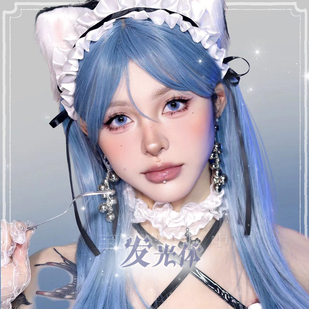 「发光体」蓝色亚比时尚哥特万圣节个性齐刘海长直发假发