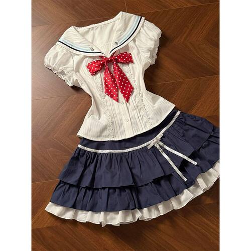 ZK【沧蓝航屿】vintage复古日系JK制服海军领蝴蝶结上衣+短裙套装
