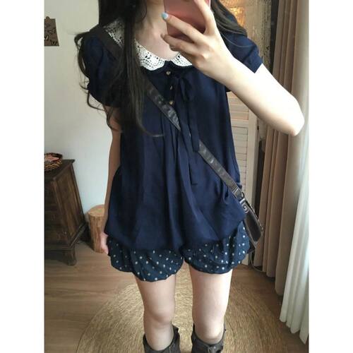 ZK森系藏雾 vintage早古套装夏季新款娃娃领上衣波点短裤两件套女