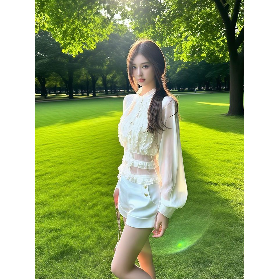 ZK韩系小众木耳边长袖衬衫短裤两件套新款小个子收腰显瘦气质套装