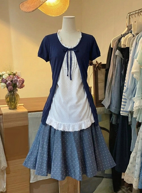 春绯日记 古早感vintage设计夏季新款短袖开衫叠穿背心半裙三件套