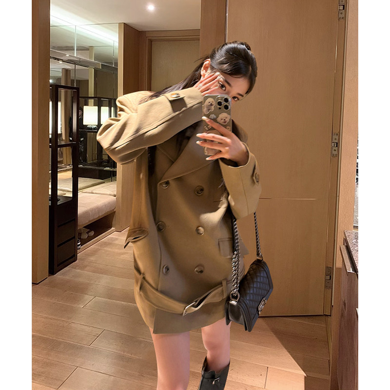 ZK 韩系复古宽松西装外套女春季高级感气质双排扣中长款风衣