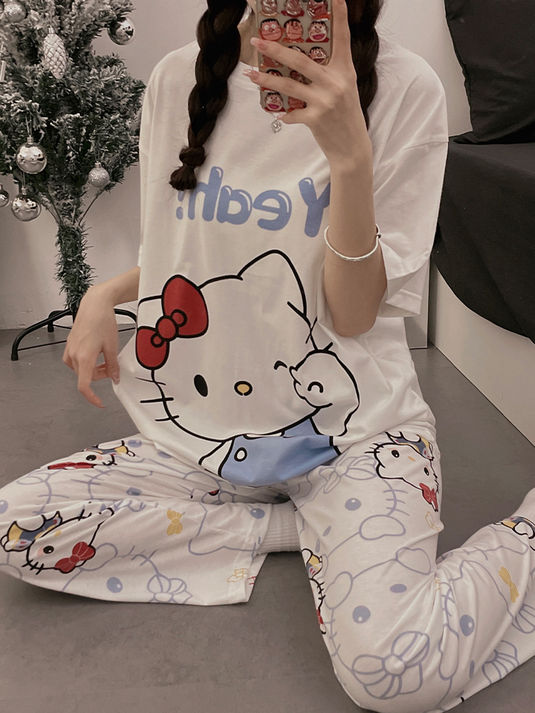 卡通可爱hellokitty睡衣女夏季纯棉2024年新款短袖长裤套装家居服