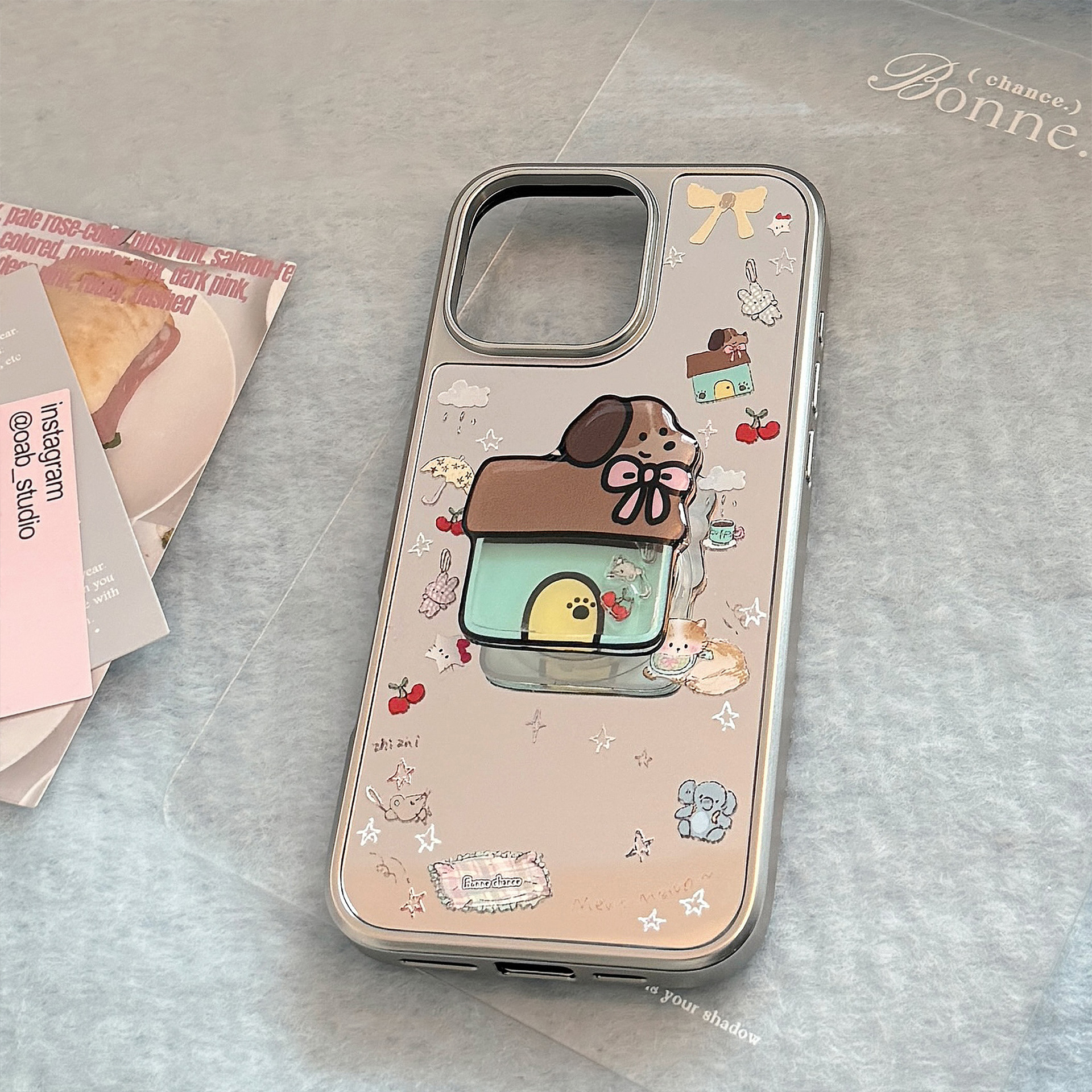 苹果电镀镜面小狗支架手机保护壳