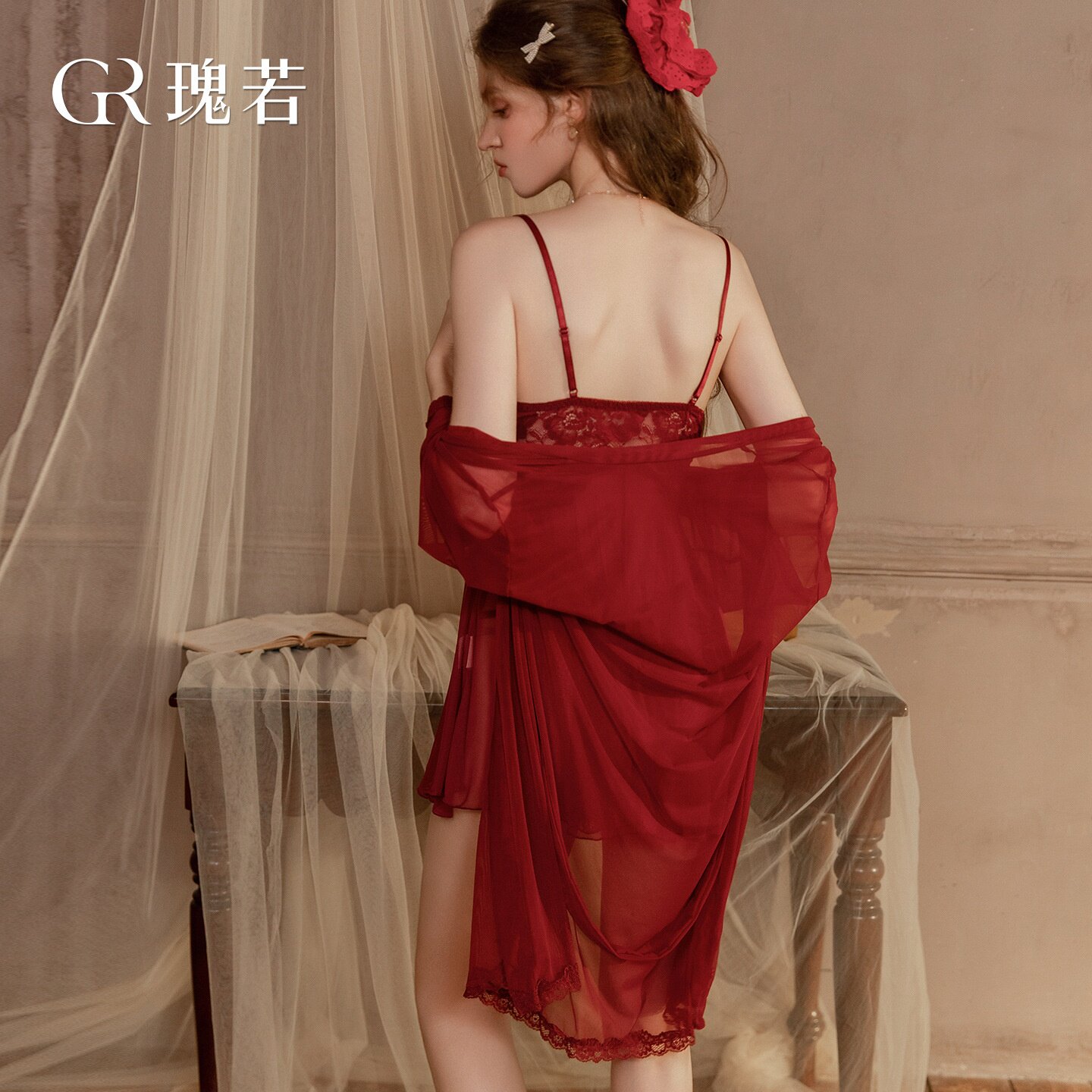家居服瑰若内衣清透网纱蕾丝深v诱惑吊带睡裙外袍感套装a7831睡衣