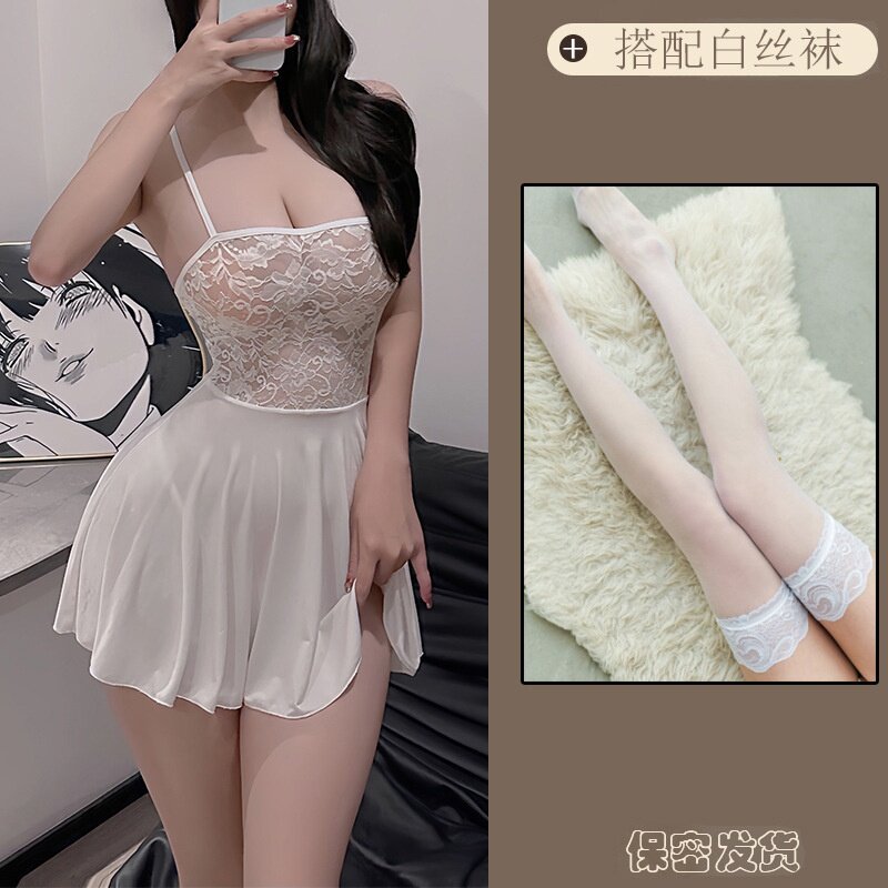 家居服内衣纯欲女透明吊带大码欧美感套装蕾丝睡裙拼接睡裙居家女