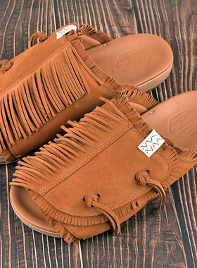 visvim cantq厚底增高流苏真皮鞋底拖鞋潮牌男一字拖外穿鞋子凉鞋