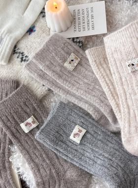 灰色侧边布标羊毛袜子女中筒袜秋冬加绒保暖咖色配勃肯鞋冬天长袜